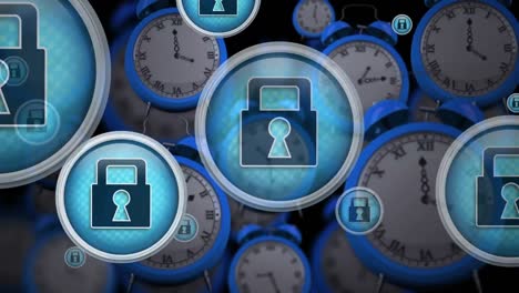 Animation-of-padlock-icon-in-circles-over-multiple-blue-alarm-clocks-against-black-background