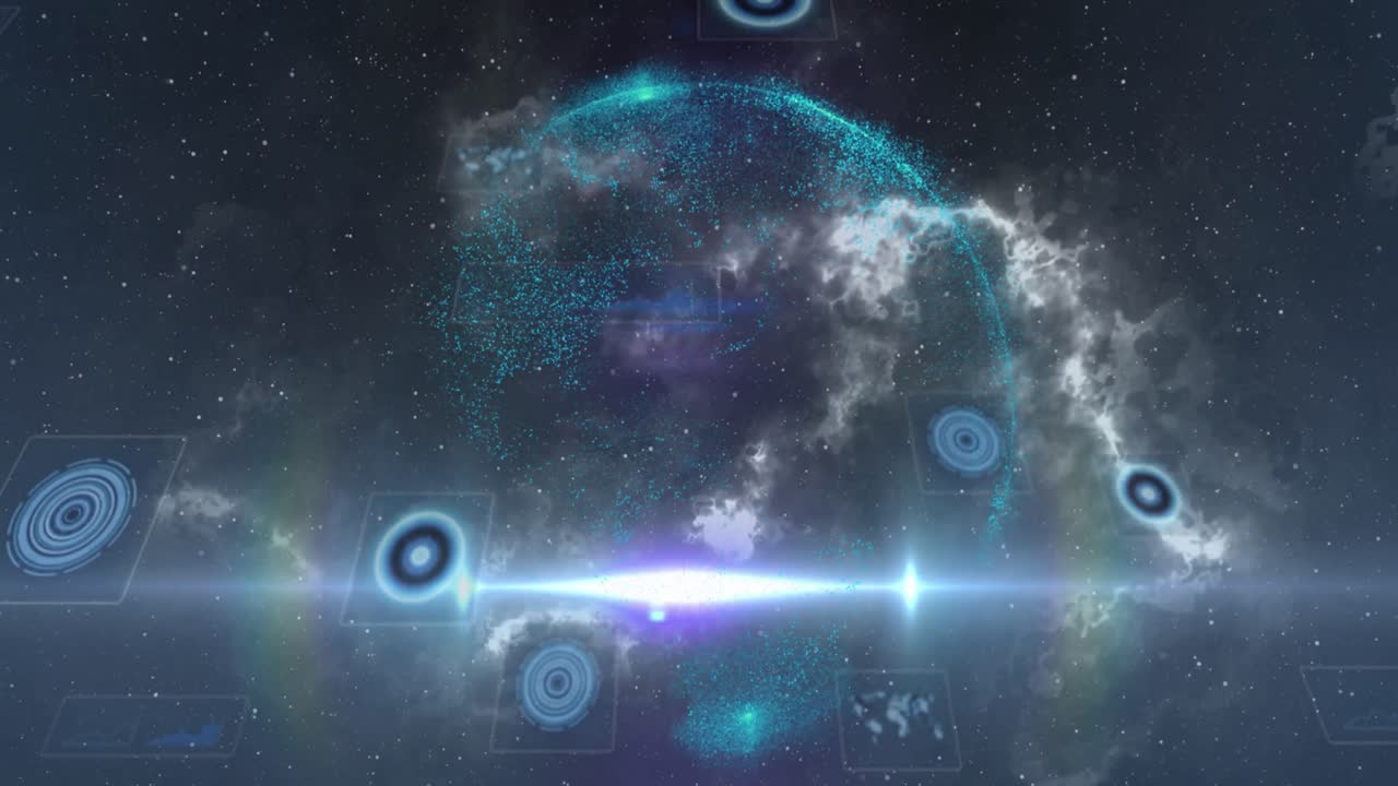 Composition of scopes scanning on screens over globe and universe
