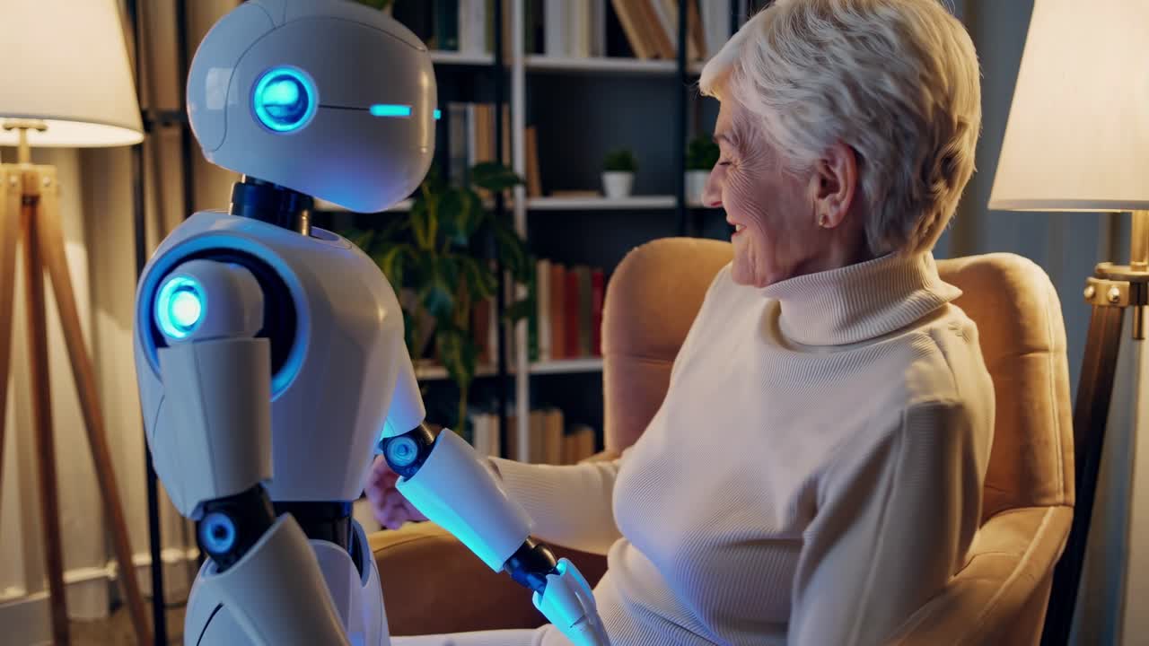 Robot and Elderly Woman in a Home Setting