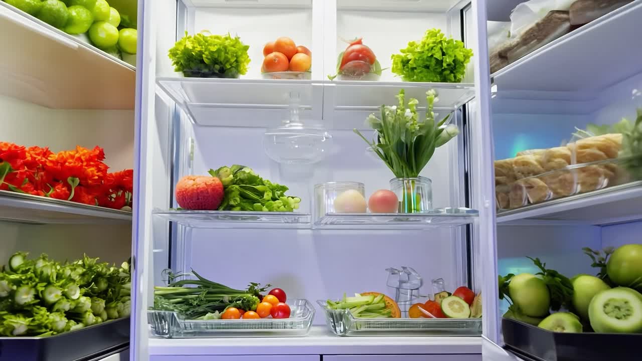 el refrigerador se está abriendo, revelando estantes llenos de frutas frescas, verduras y otros alimentos saludables