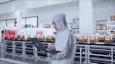asian male scientist typing on a laptop with conveyor for packaging coffee beans in bags at coffee factory