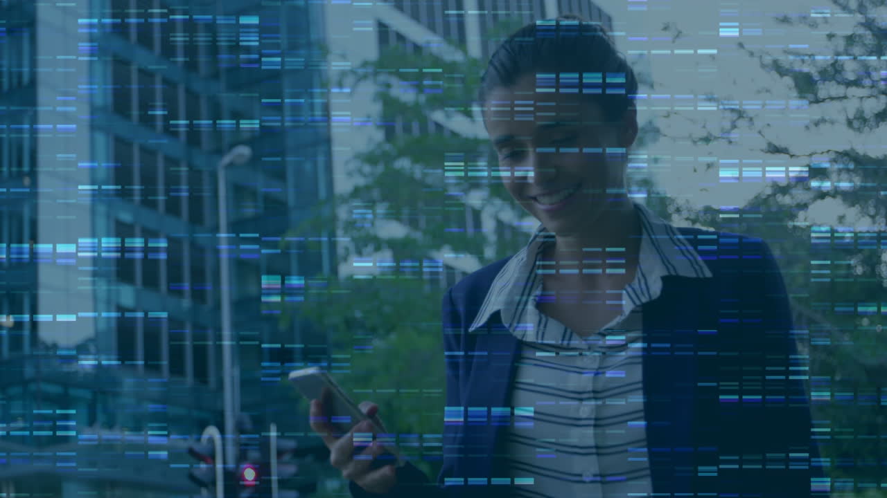 Blue mosaic squares against against caucasian businesswoman using smartphone on the street