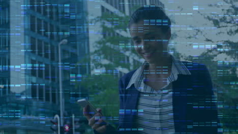blue mosaic squares against against caucasian businesswoman using smartphone on the street
