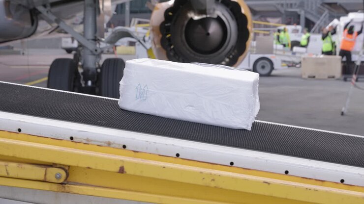 Frozen fish packaged on baggage loader conveyor belt moving into airplane