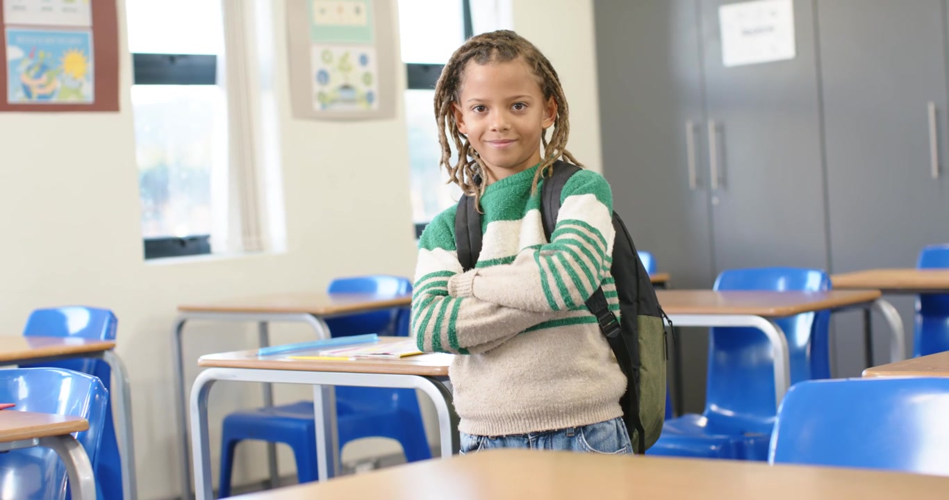 Ragazzo afroamericano che si muove, incrocia le braccia, posa con uno zaino davanti alla classe mentre la telecamera zooma.