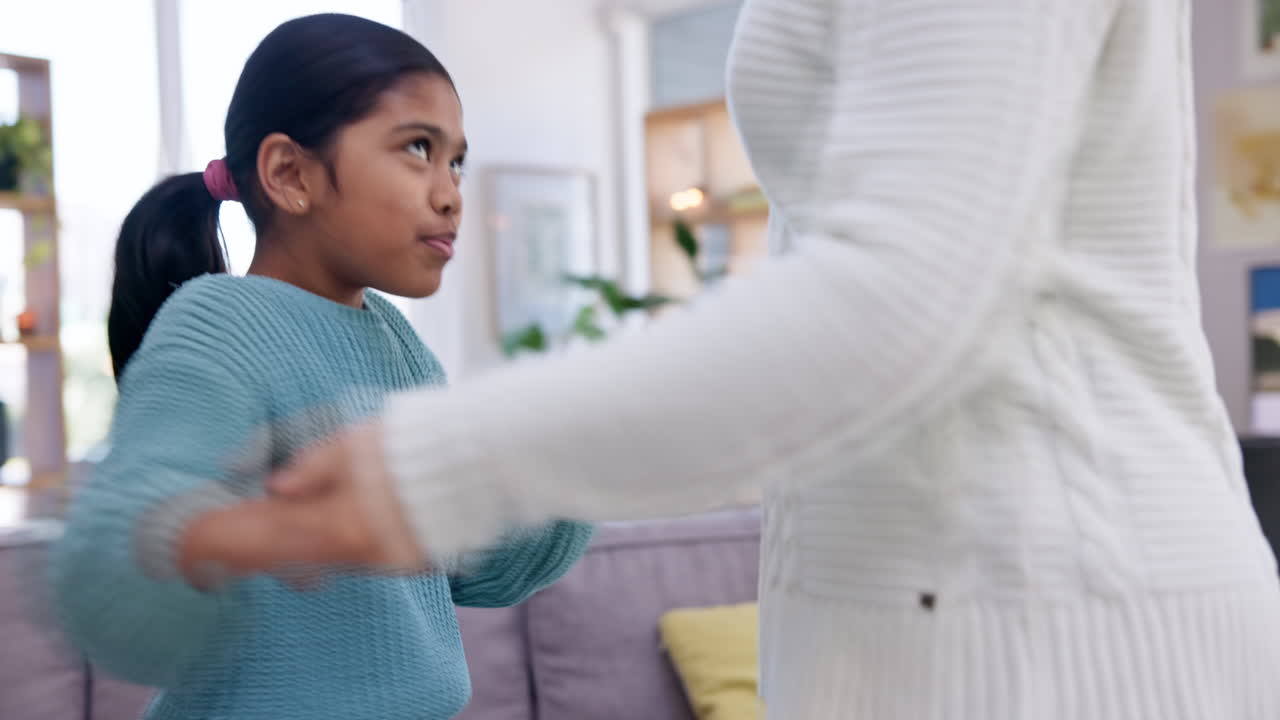 Music, dance and mom with girl in home