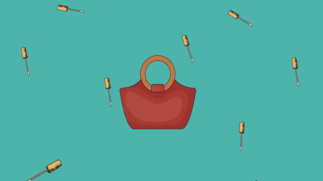 Animazione di pennelli da trucco su borsa alla moda su sfondo verde