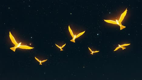a tranquil flight of illuminated birds soaring through a starry night sky, creating a captivating scene of natural beauty and ethereal wonder