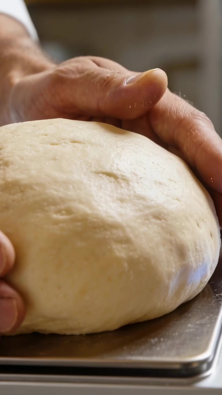 Vertical video: Approaching hands cupping, patting and centering dough on metal scale, white sleeve