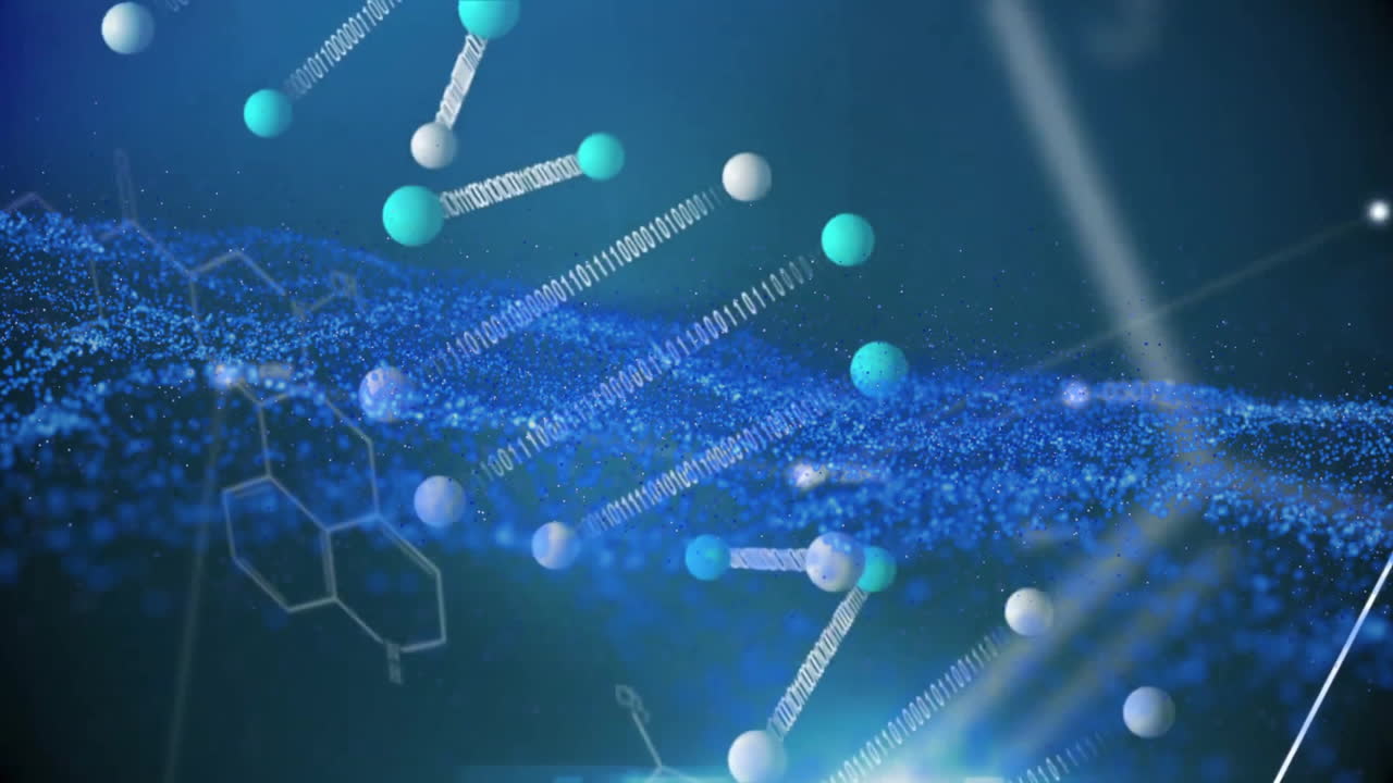 Animating molecular structures and chemical bonds over blue digital particles background