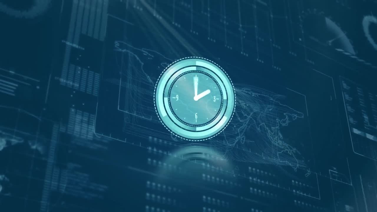 Neon blue clock ticking against digital interface with data processing on blue background