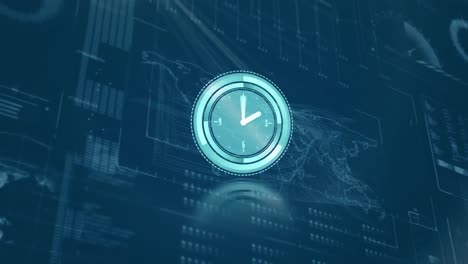 Neon-blue-clock-ticking-against-digital-interface-with-data-processing-on-blue-background