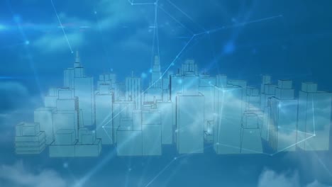 animation of network of connections and data processing over city and clouds