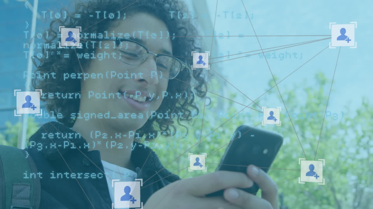 web de conexiones iconos y procesamiento de datos contra el hombre hablando en un teléfono inteligente