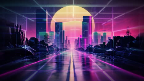 Vibrant Retro-Futuristic Cityscape with Neon Glow and Sunset Grid