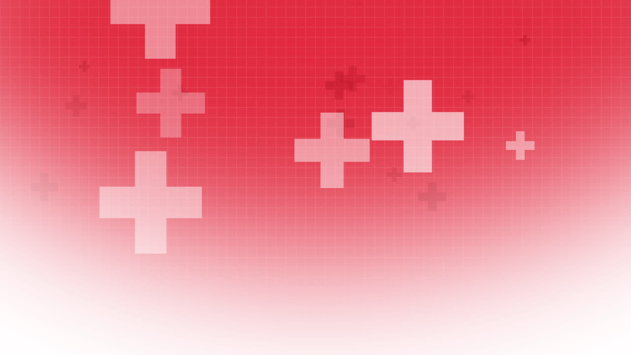 White plus symbols of different sizes and opacity on red background. Abstract pattern of medical cross. Loop animation. Copy space.
