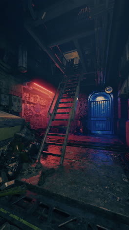 a cyberpunk alleyway with a rusty metal staircase and a door