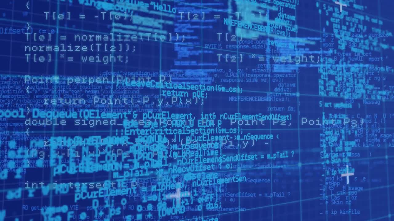 Animation of data processing against grid on blue background