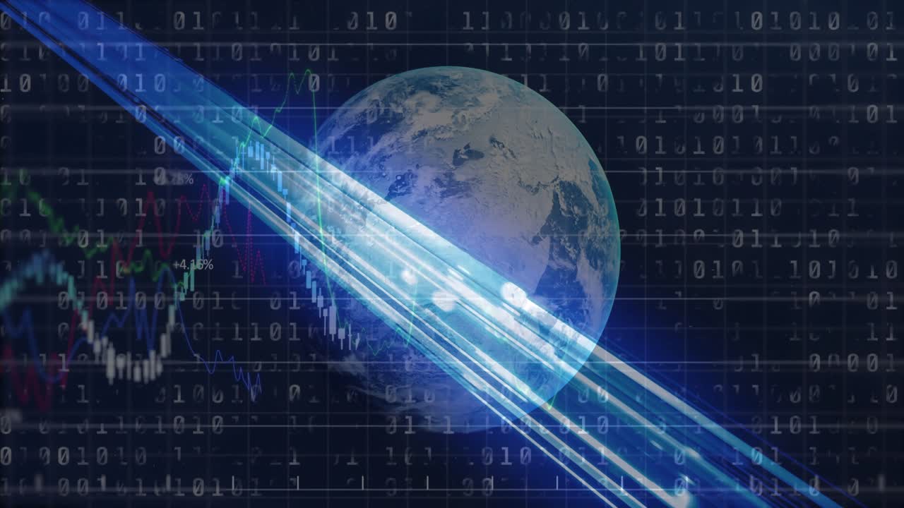 Emerging blue beam sweeping over 3D Earth with scrolling binary digits visualizing financial chart