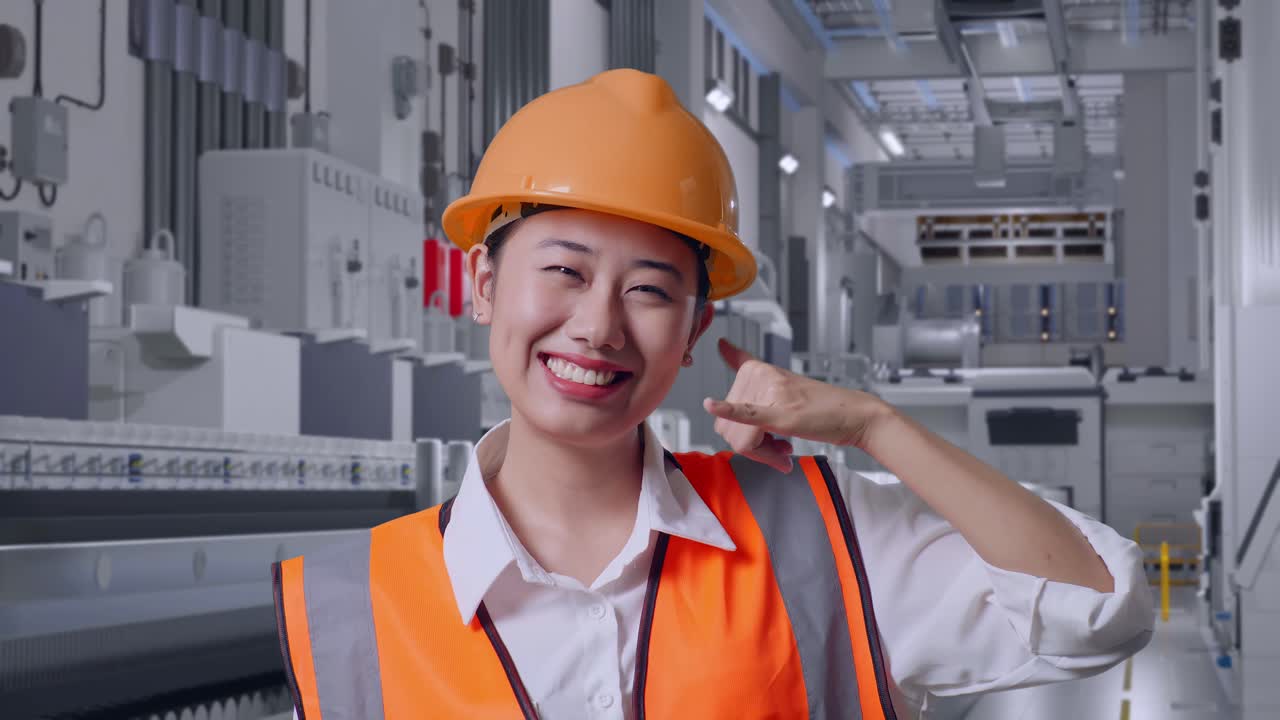 Close Up Of Asian Female Engineer With Safety Helmet Smiling To Camera And Making Call Me Gesture At Pharmaceutical Factory, Vaccine Production Facility