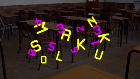 digital composition of colorful changing numbers and alphabets against empty classroom