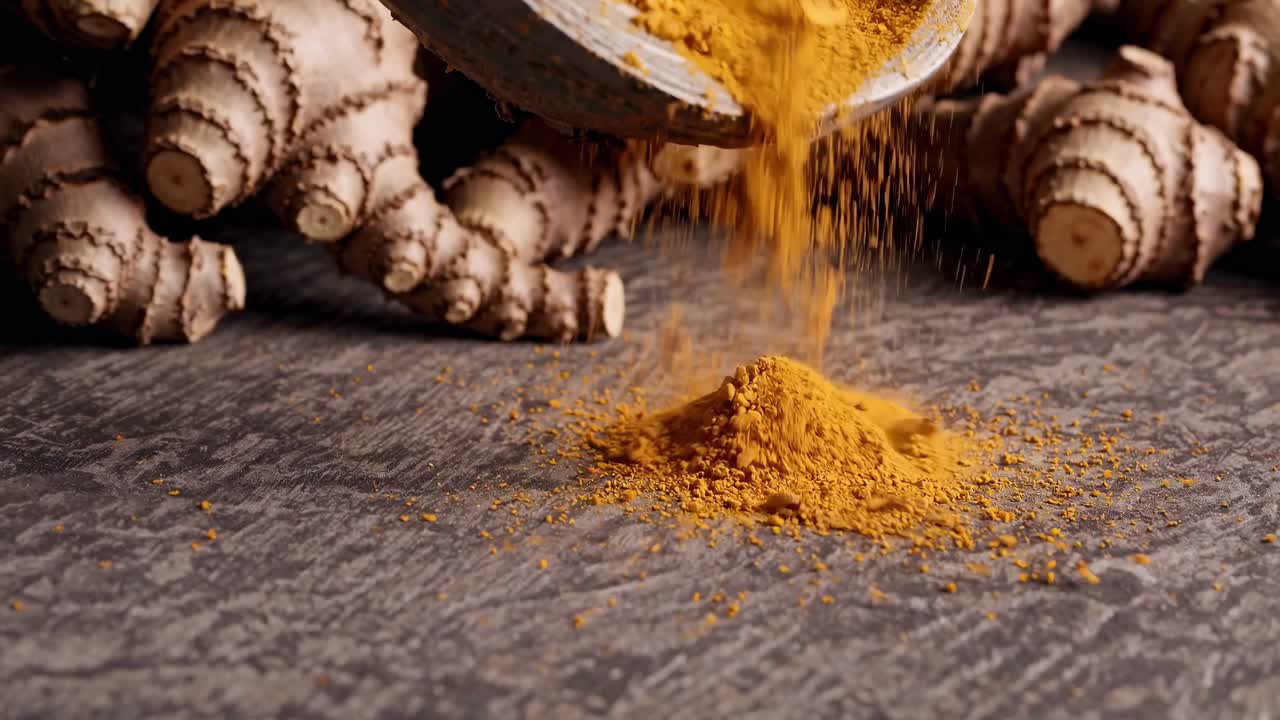 Close-up video shot of turmeric roots with vibrant orange powder