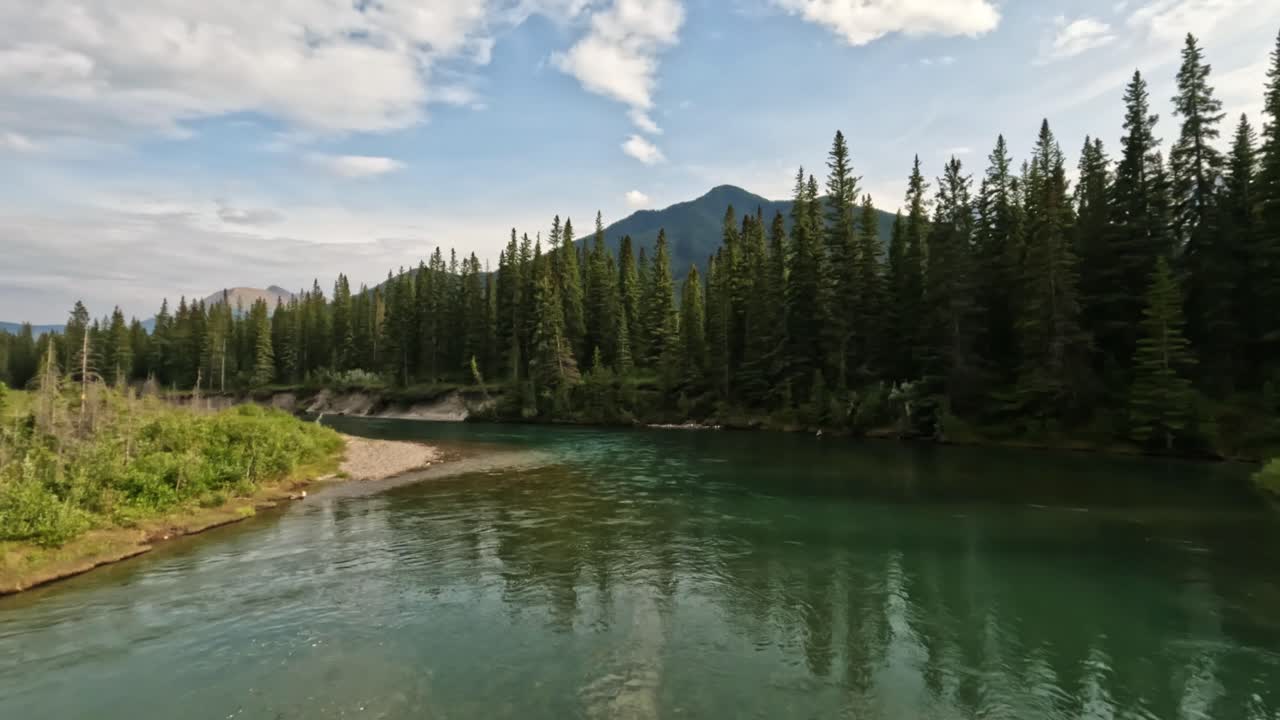 FPV drone glides calmly over the Bow River in a stunning Canadian valley, showcasing its tranquil flow, lush spruce trees, and serene natural beauty under a peaceful sunlit sky.