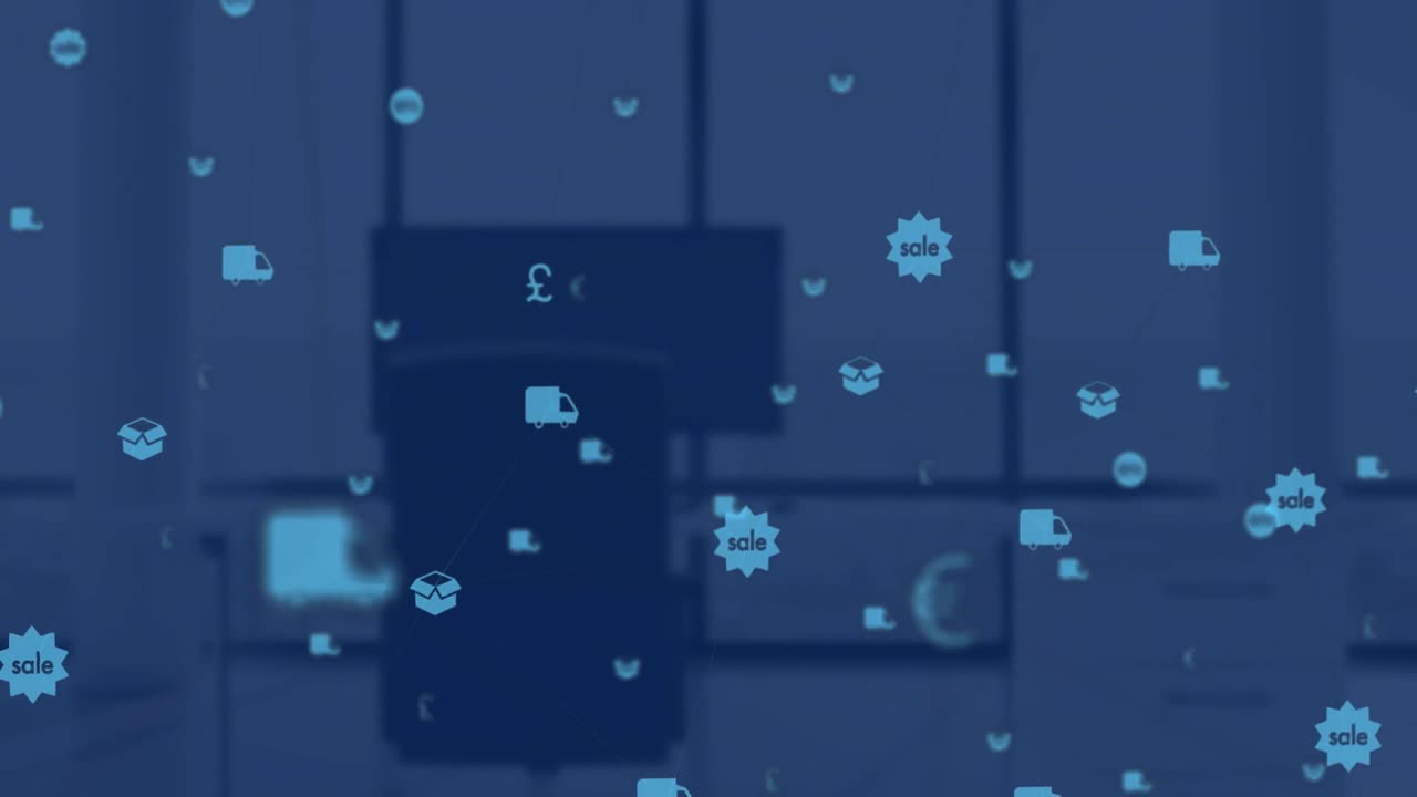 video compuesto digital de una red de conexiones con iconos que se mueven contra el escritorio de la computadora