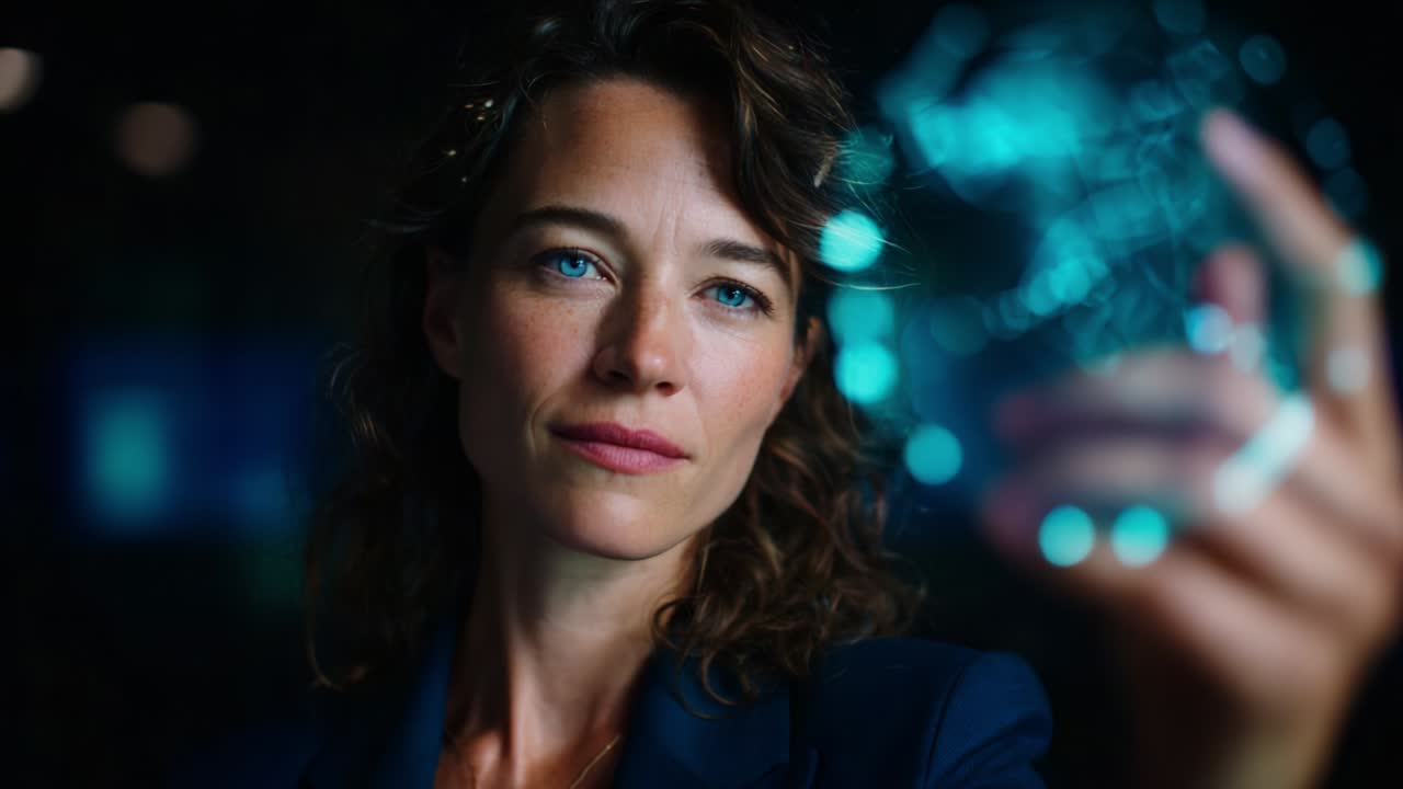 A confident woman examines a glowing holographic globe in her hand, symbolizing technology, innovation, and the endless possibilities of the digital realm, capturing a moment of curiosity and discovery
