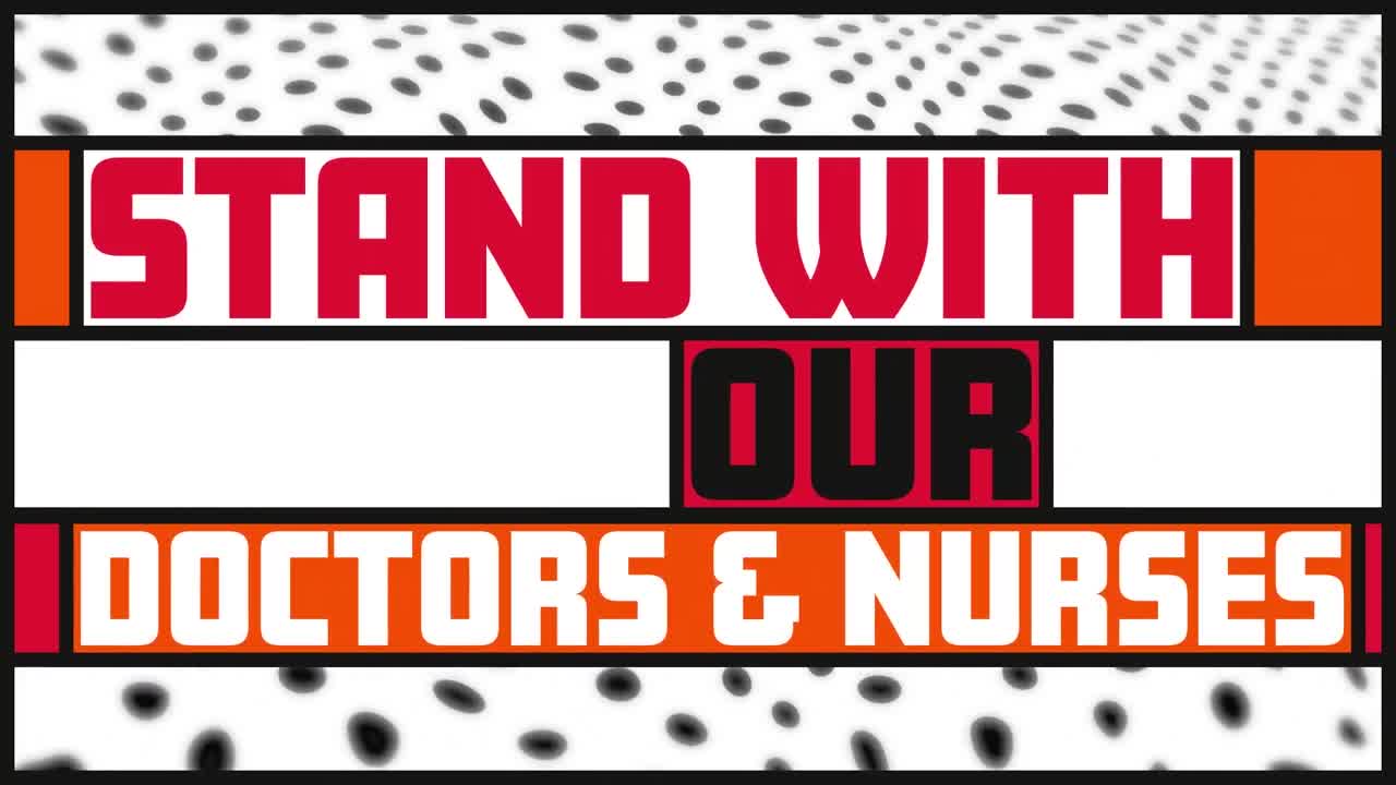 백색 배경에 우리의 의사와 간호사 텍스트와 반점이있는 스탠드의 애니메이션