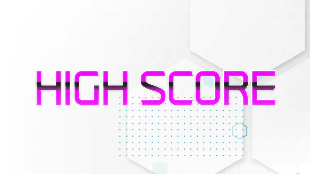 Bold pink high score animation over geometric white background with dots