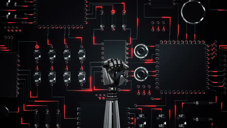 mano del robot y placa de circuito rojo brillante