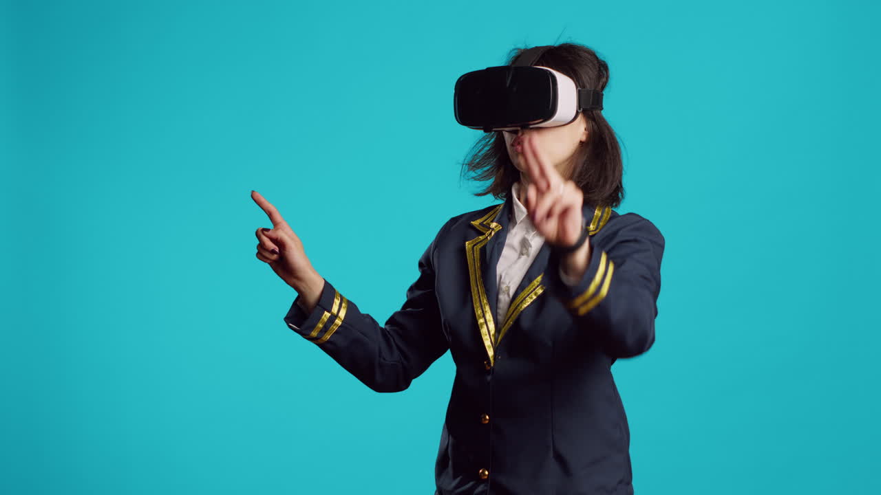 Stewardess using vr headset with interactive vision