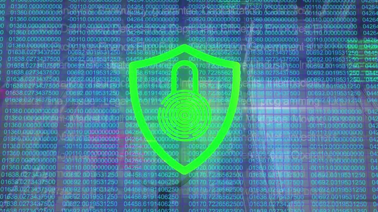 animación de cerraduras digitales y procesamiento de datos financieros en el paisaje urbano.