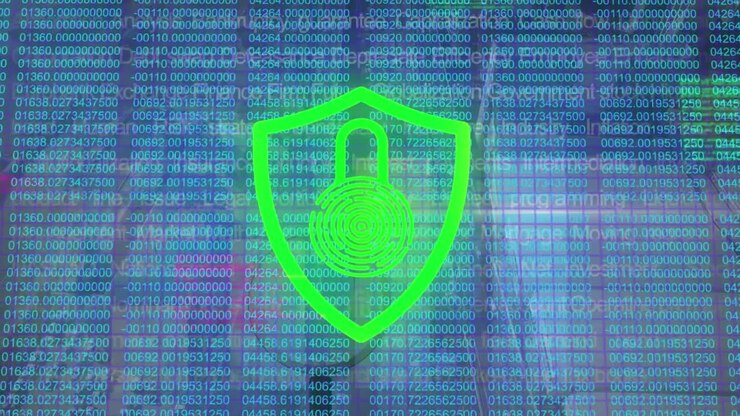 Animazione di lucchetto digitale ed elaborazione di dati finanziari su un paesaggio urbano
