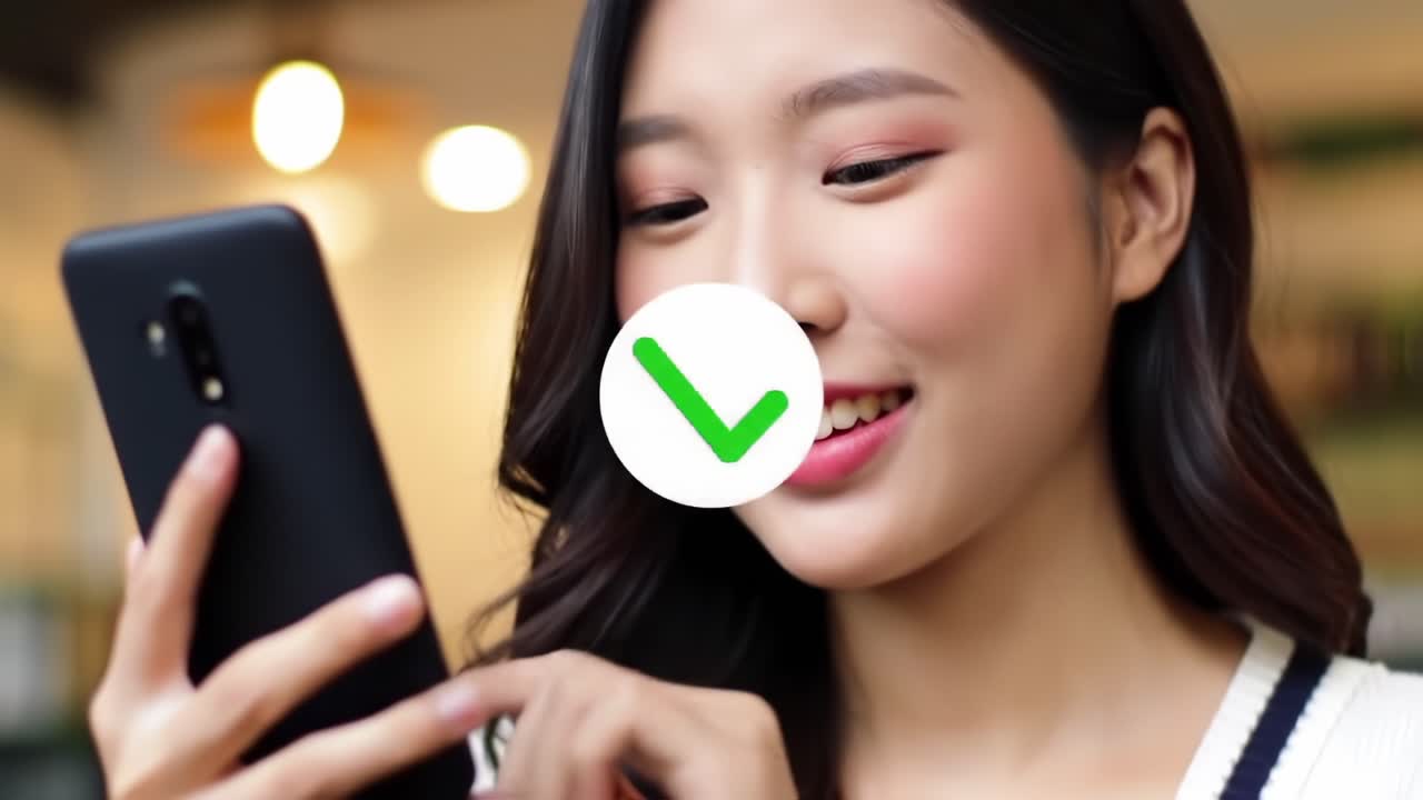 Engaging Reaction: A Young Woman Smiling at Her Smartphone, Capturing a Moment of Joy and Connection in Her Digital World