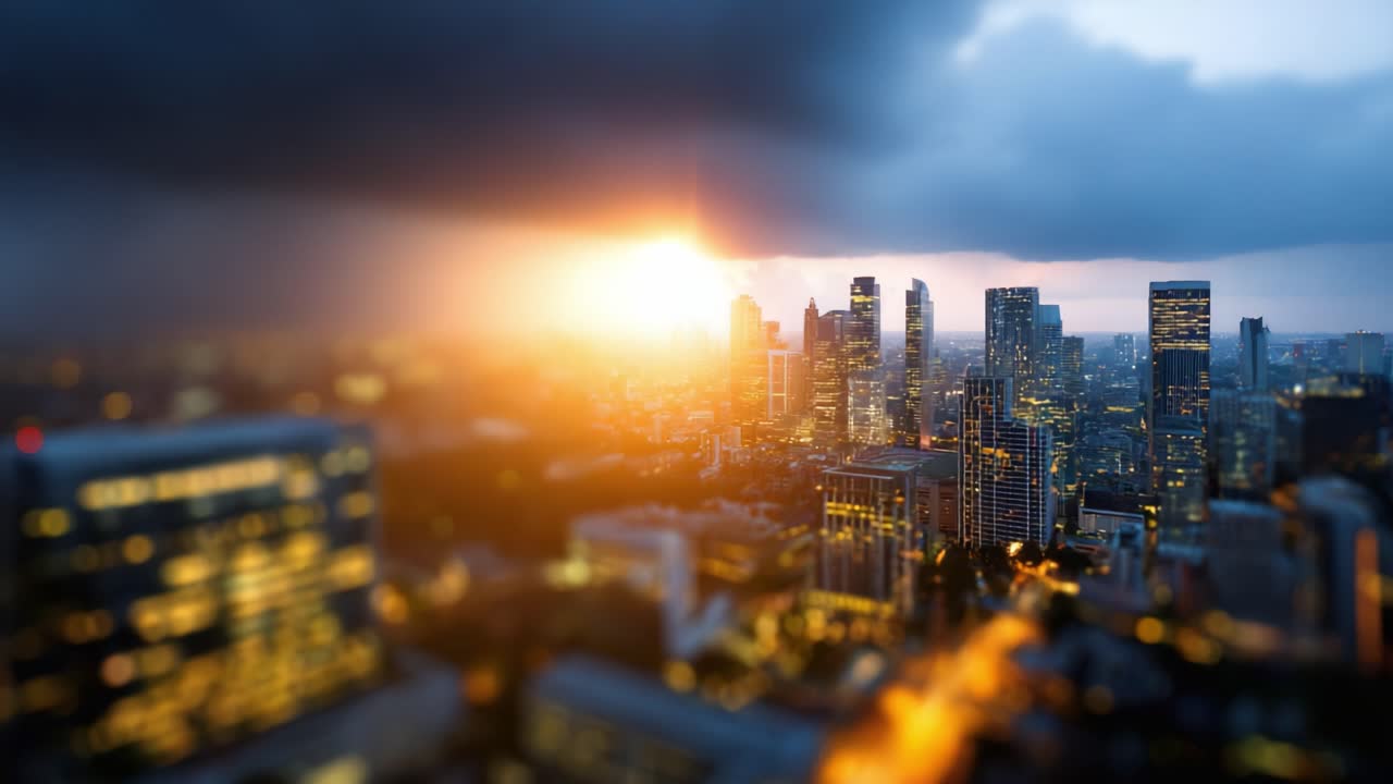 Vista aérea de um horizonte urbano movimentado ao pôr do sol, com nuvens dramáticas, luzes cintilantes dos edifícios e uma atmosfera vibrante da vida da cidade em transição