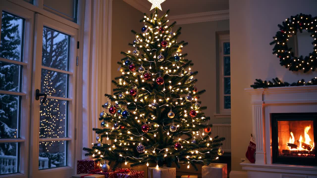 Cozy Christmas scene with a decorated tree and fireplace. Warm lighting, shot from a low angle