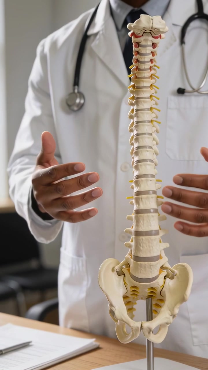 Vertical video: Holding spine model at clinic, doctor explaining spine curve to patient in lab coat