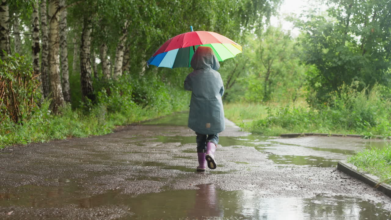 A child walks in the rain with an umbrella
