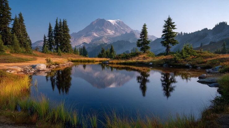 Riflesso di un paesaggio sereno all'alba: Montagna maestosa e acque tranquille circondate da una vegetazione lussureggiante e un vivace fogliame autunnale in uno scenario naturale idilliaco.