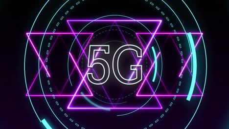 Animation-of-5g-text-over-glowing-purple-light-trails-against-round-scanner-on-black-background