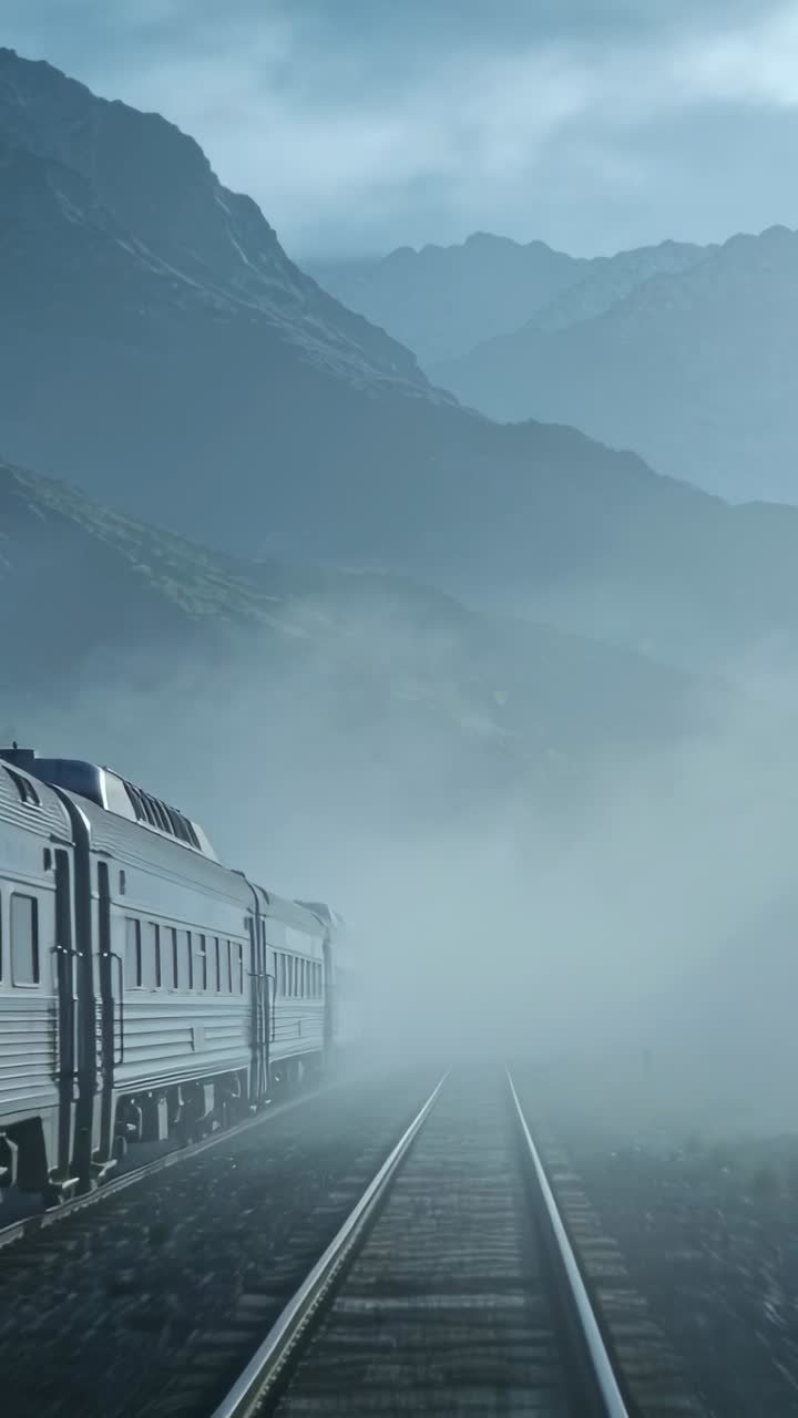 Vertical video: Passing silver train on twin tracks into foggy valley as fog rolling, copy space