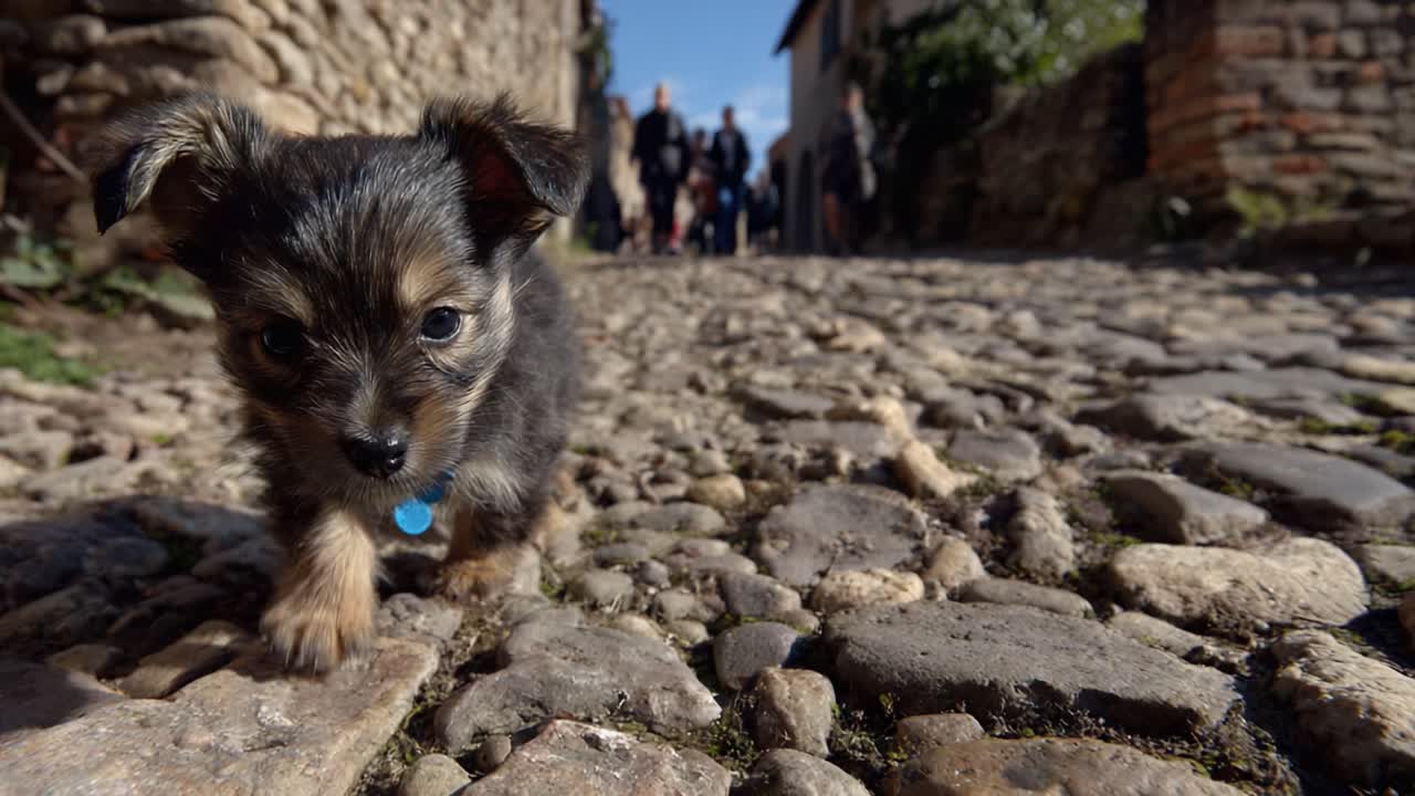 An Adorable Puppy Playfully Exploring Cobblestone Streets with People in the Background, Capturing the Joy and Curiosity of Young Canines in a Natural Setting