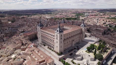 cinematic aerial view of alcazar of toledo with circle dolly shot