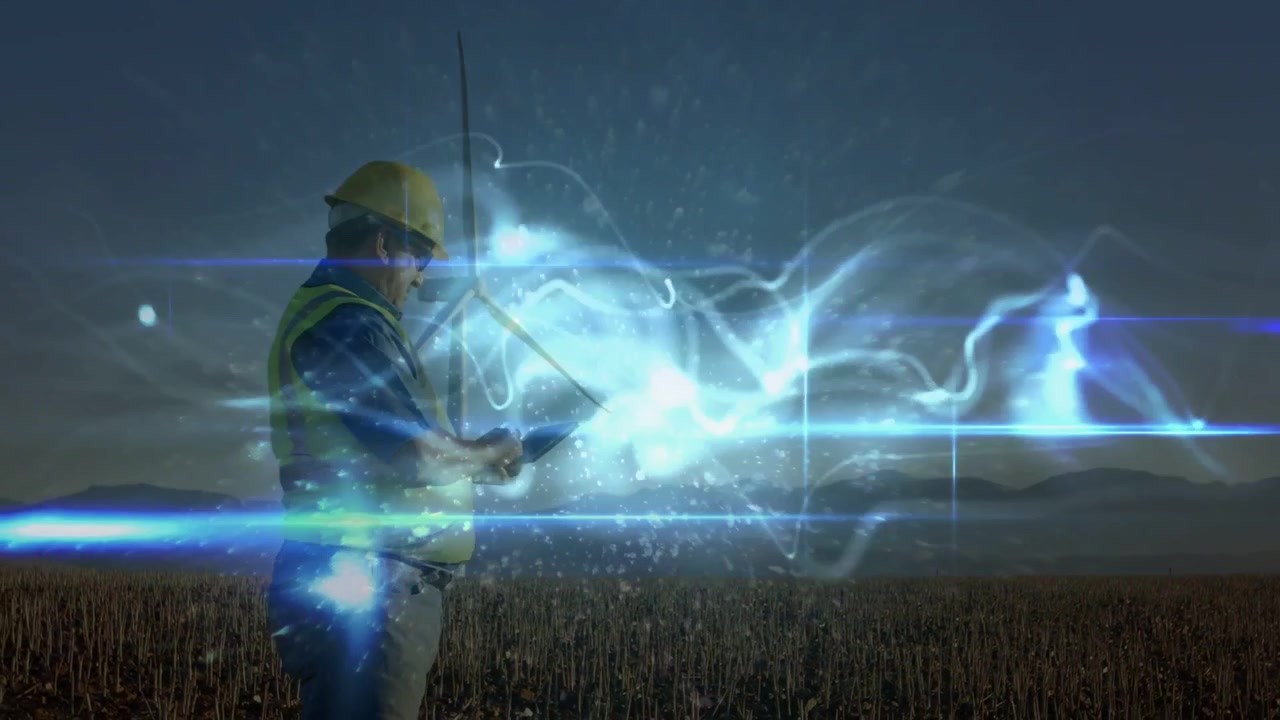 Vertical video: Field tech tapping tablet starting holo wave wrapping turbine while checking data