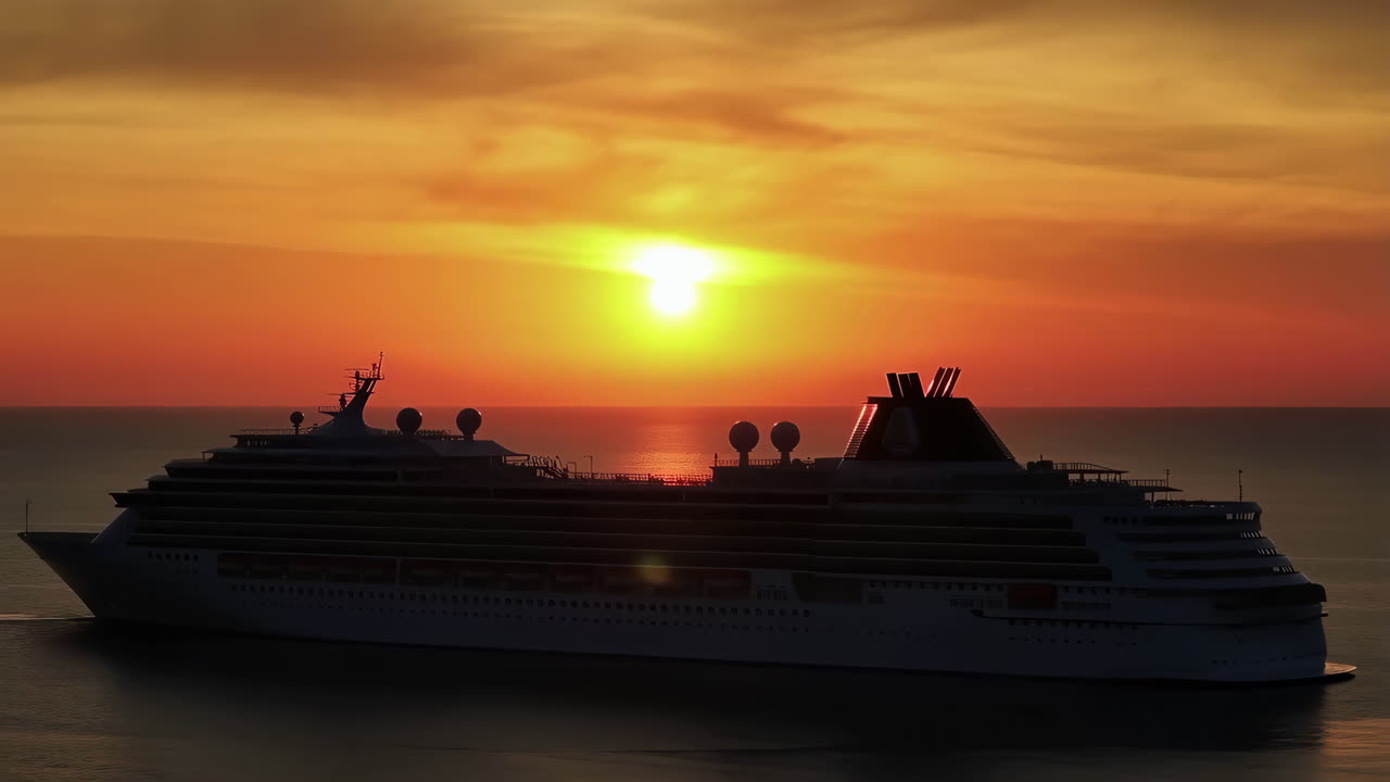 A large cruise ship sailing on the ocean during a vibrant sunset