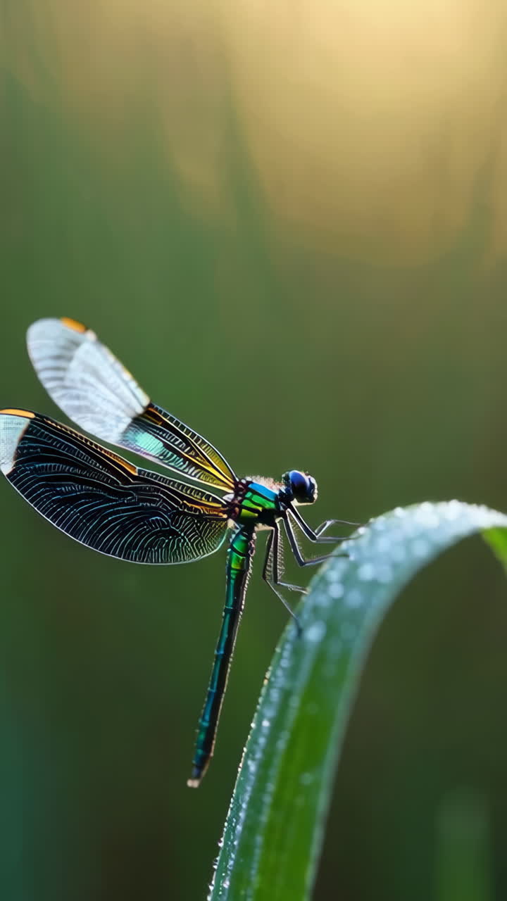 Libellula su un filo d'erba all'alba