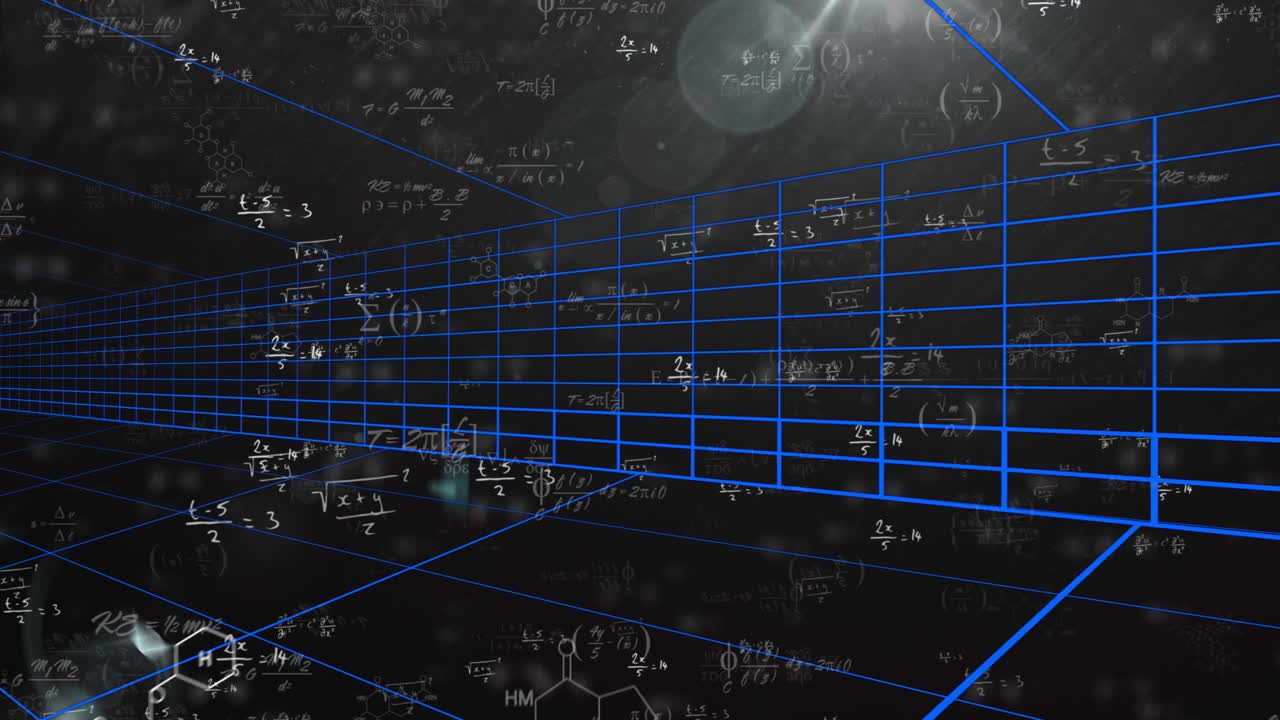 Animation of mathematical equations with blue grid lines on dark background