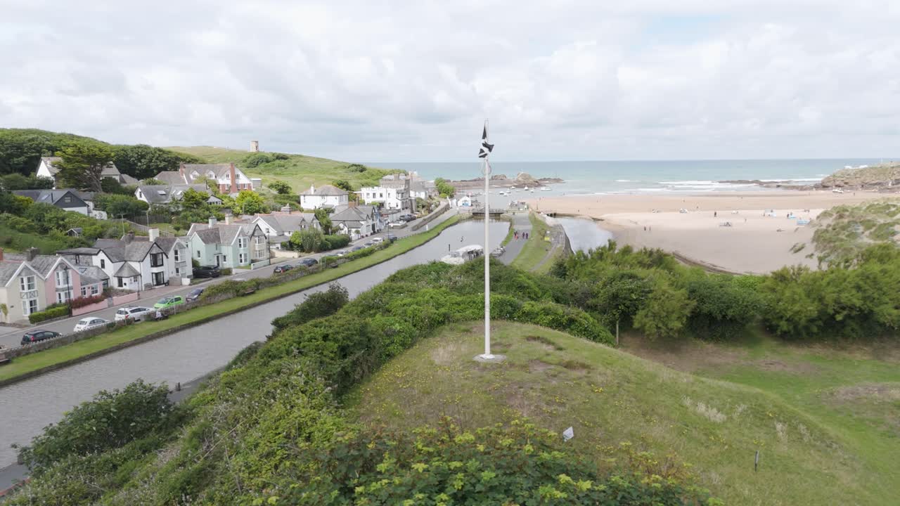 Aerial View of Bude Beach, Canal, and Coastal Town in Cornwall